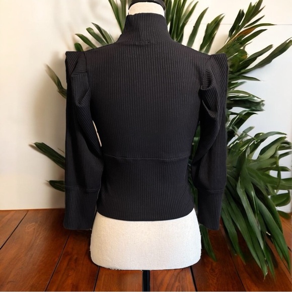 FREE PEOPLE Black Ribbed Puff Shoulder Mock Neck Sweater - Size Small - Picture 5 of 16